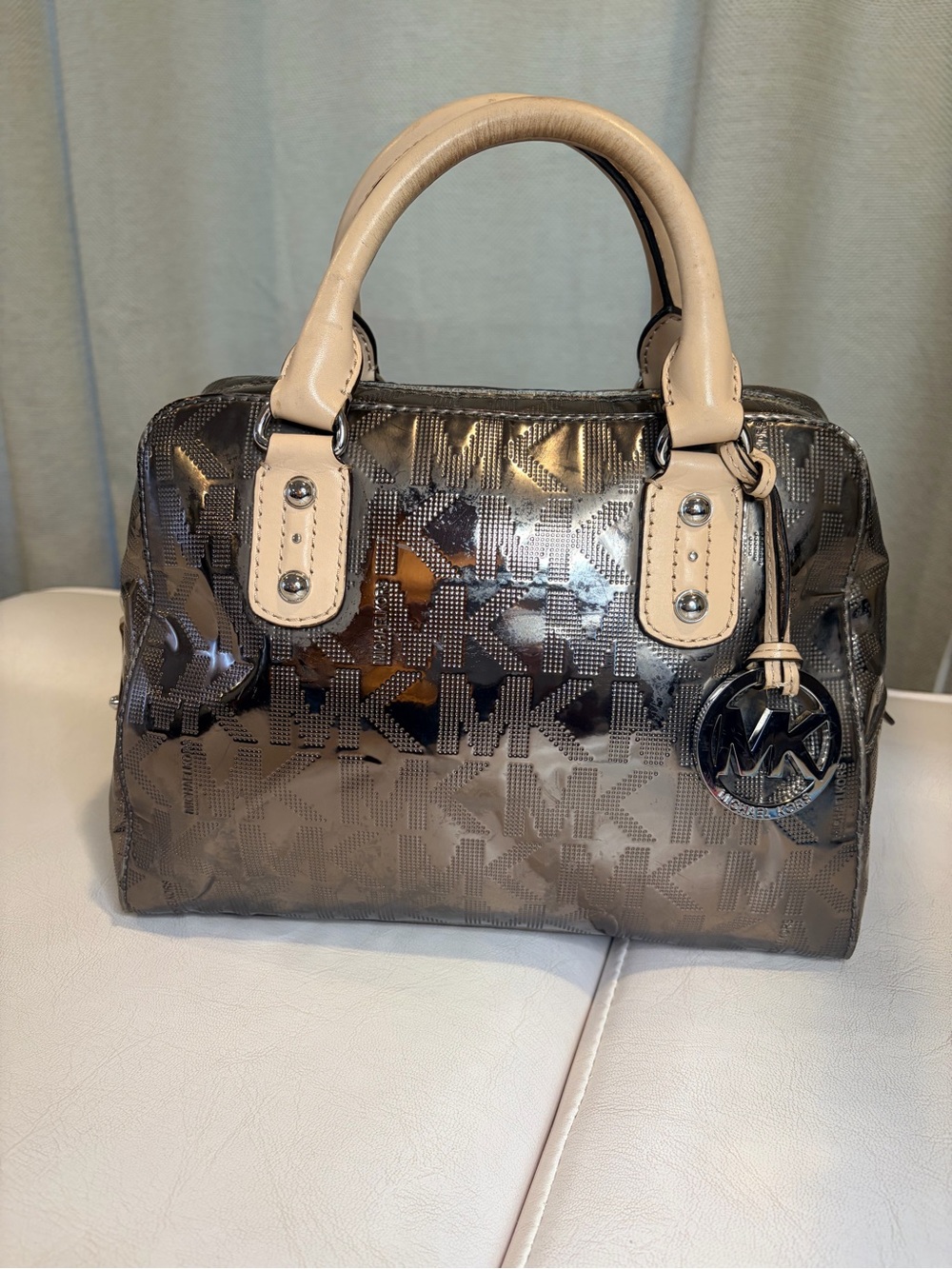 Michael Kors Metallic Gunmetal Satchel with Beige Handles